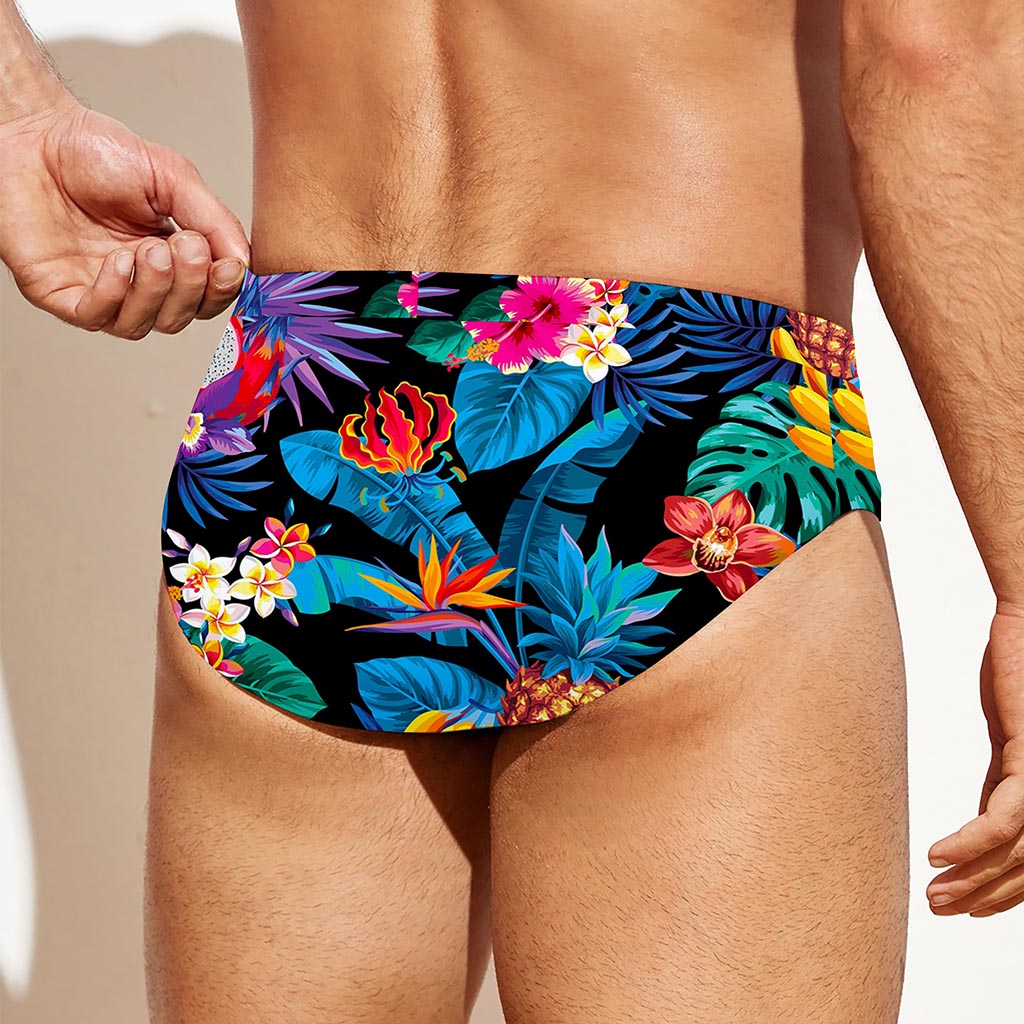 Turquoise Hawaiian Fruits Pattern Print Men's Swim Briefs