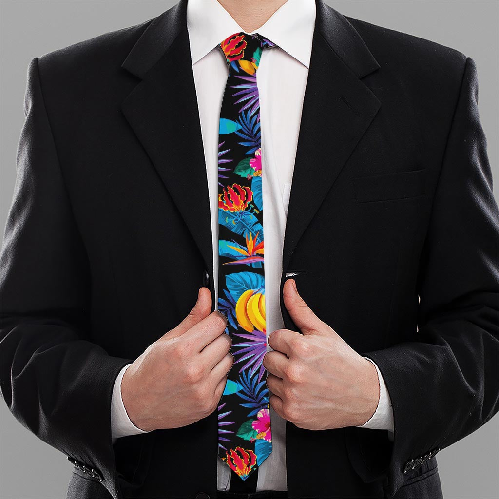 Turquoise Hawaiian Fruits Pattern Print Necktie