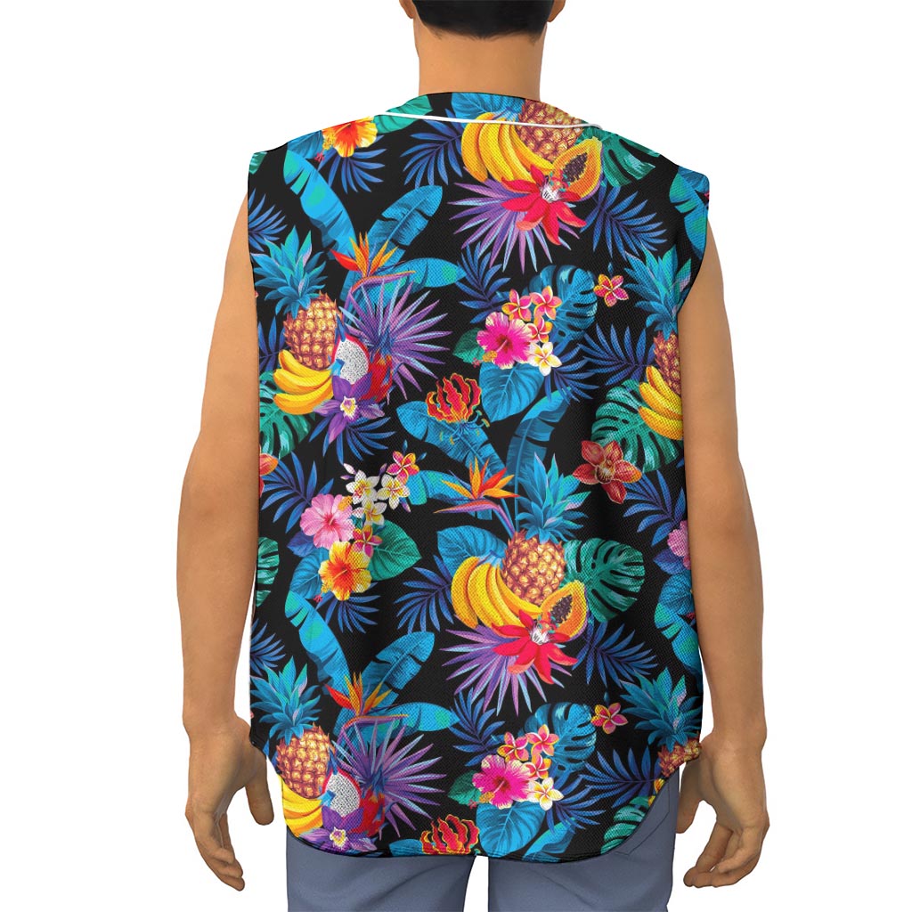 Turquoise Hawaiian Fruits Pattern Print Sleeveless Baseball Jersey