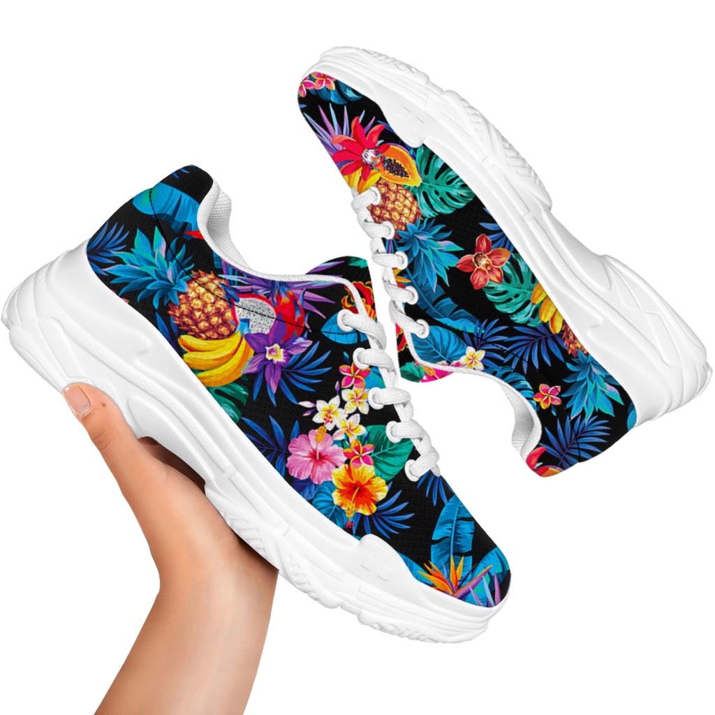 Turquoise Hawaiian Fruits Pattern Print White Chunky Shoes
