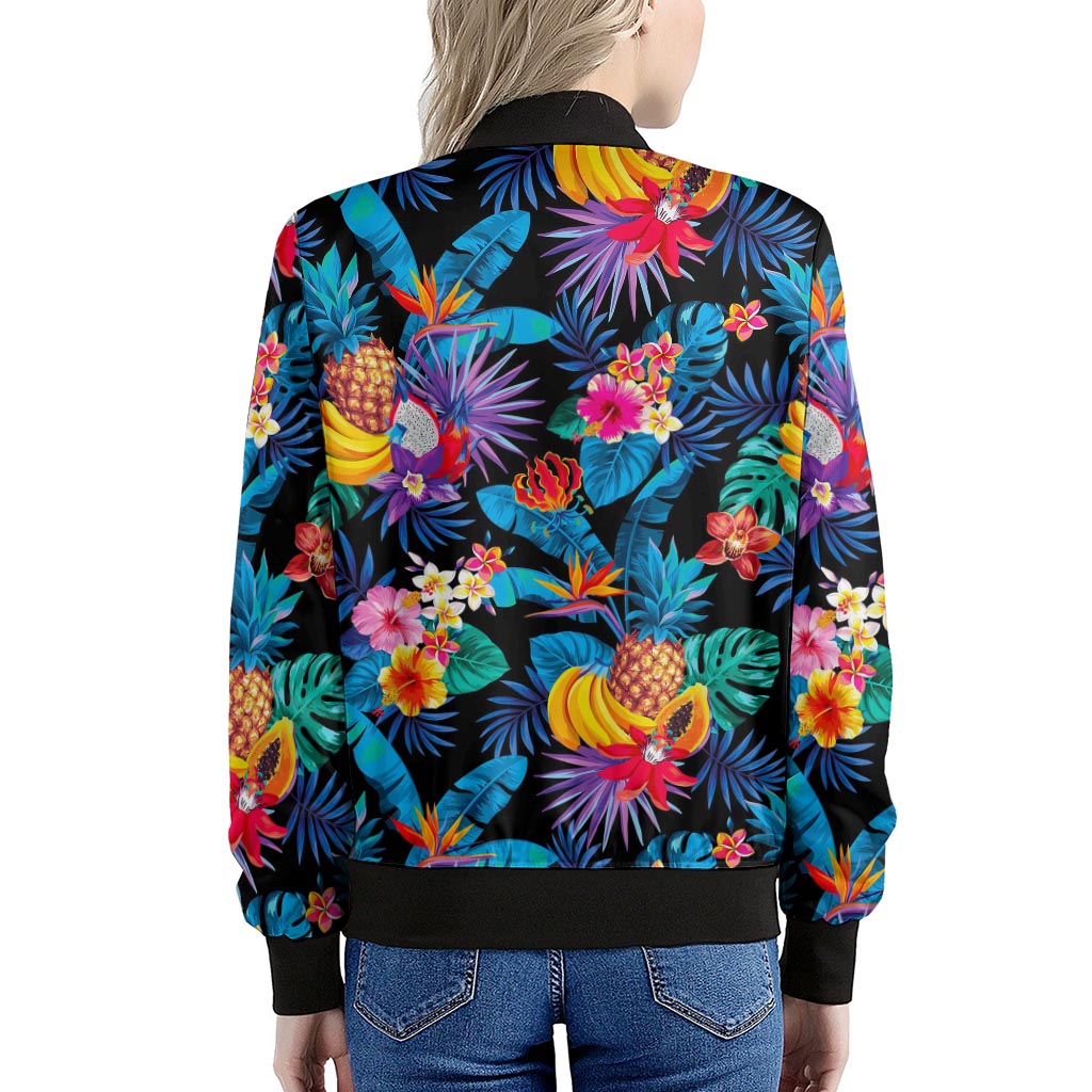 Turquoise Hawaiian Fruits Pattern Print Women's Bomber Jacket