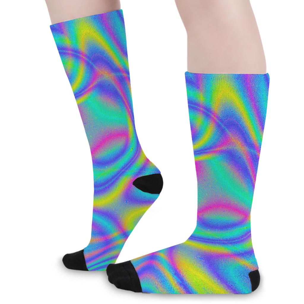 Turquoise Holographic Trippy Print Long Socks