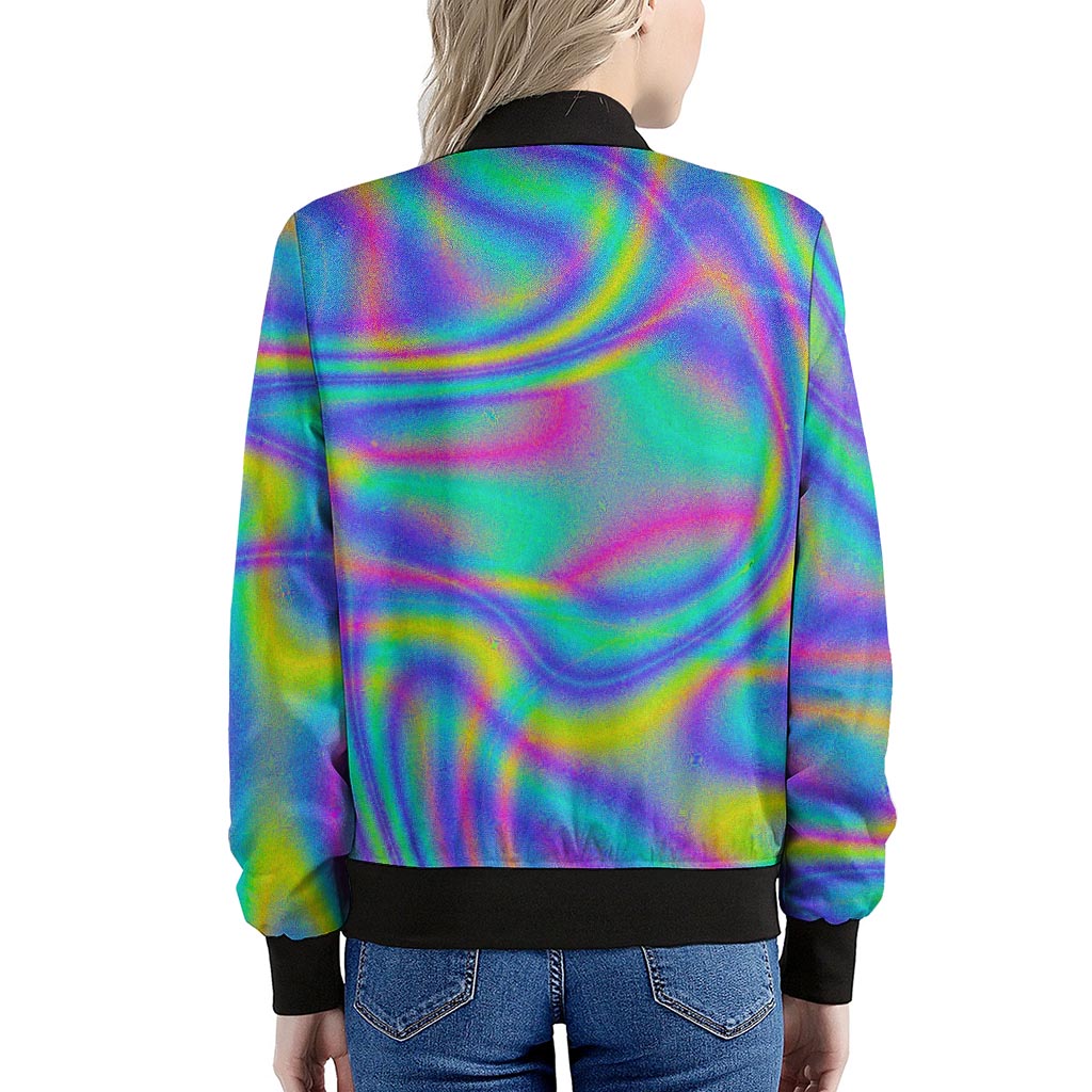 Turquoise Holographic Trippy Print Women's Bomber Jacket