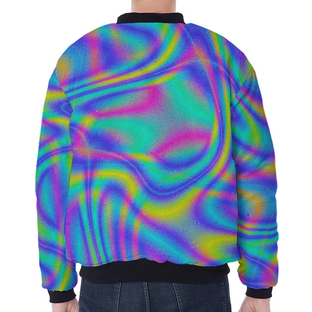 Turquoise Holographic Trippy Print Zip Sleeve Bomber Jacket