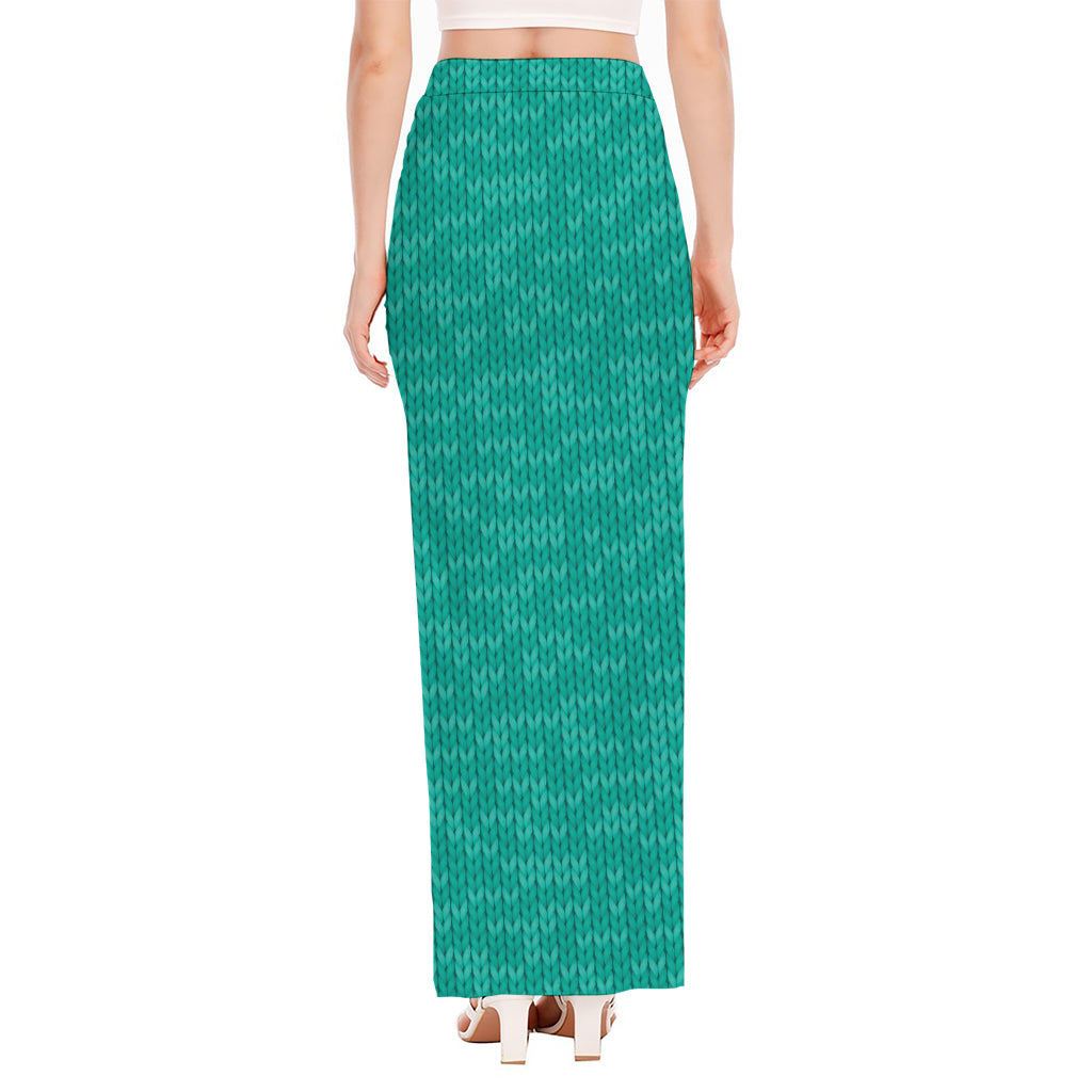 Turquoise Knitted Pattern Print High Slit Maxi Skirt