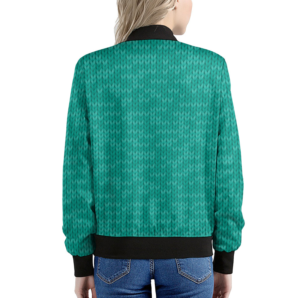 Turquoise Knitted Pattern Print Women's Bomber Jacket
