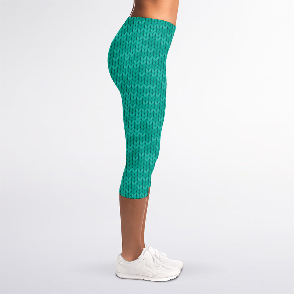 Turquoise Knitted Pattern Print Women's Capri Leggings