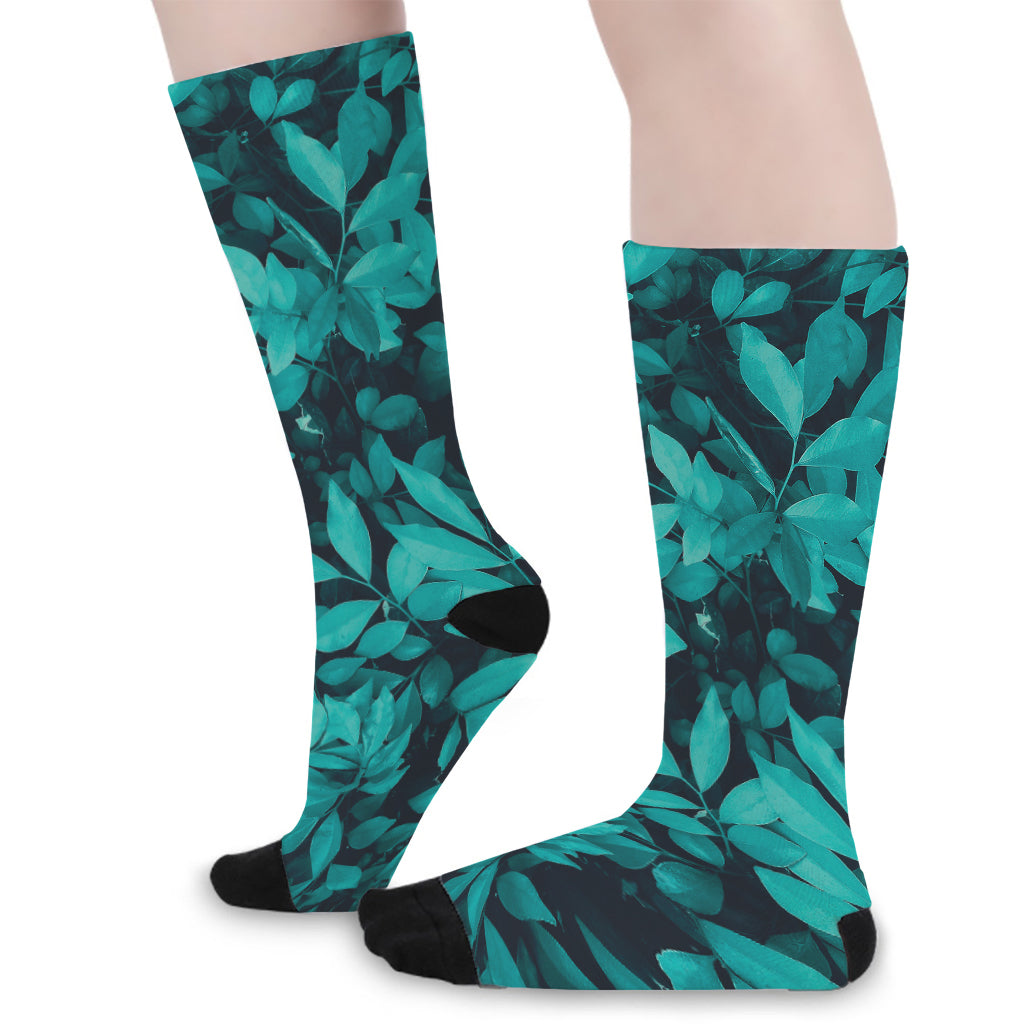 Turquoise Leaf Print Long Socks