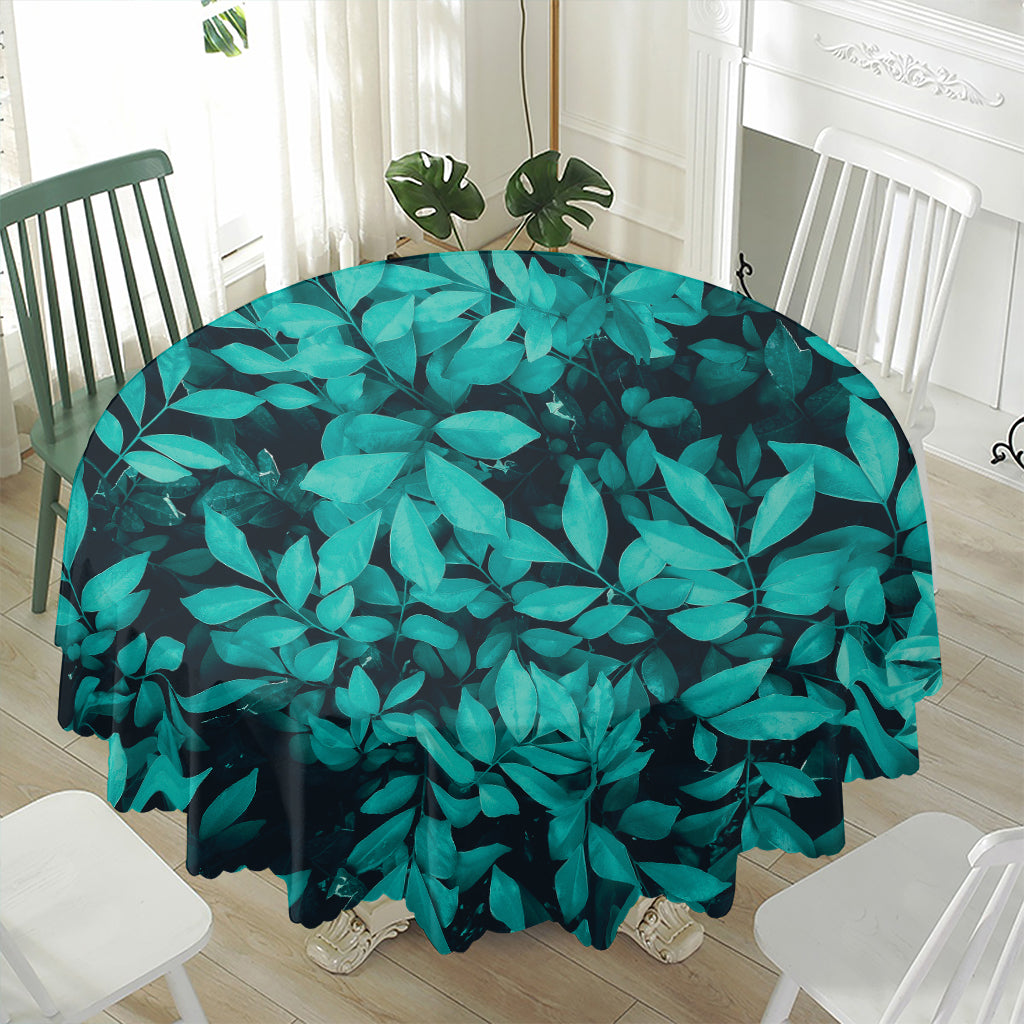 Turquoise Leaf Print Waterproof Round Tablecloth