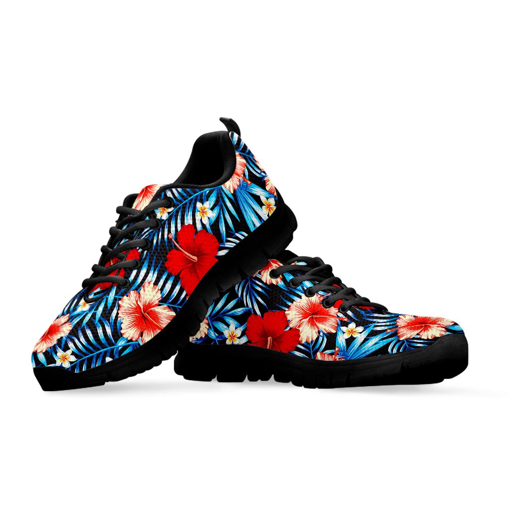 Turquoise Leaves Hibiscus Pattern Print Black Running Shoes