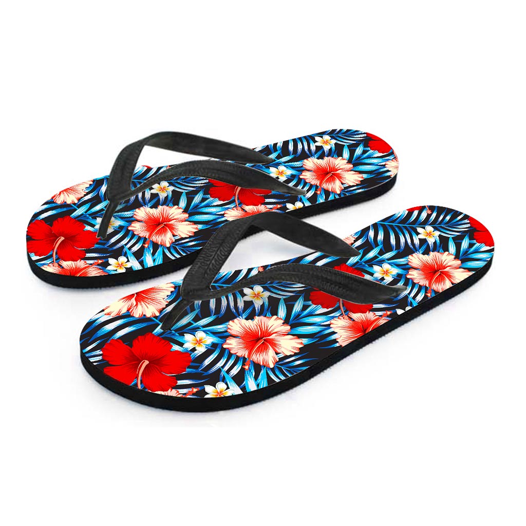 Turquoise Leaves Hibiscus Pattern Print Flip Flops