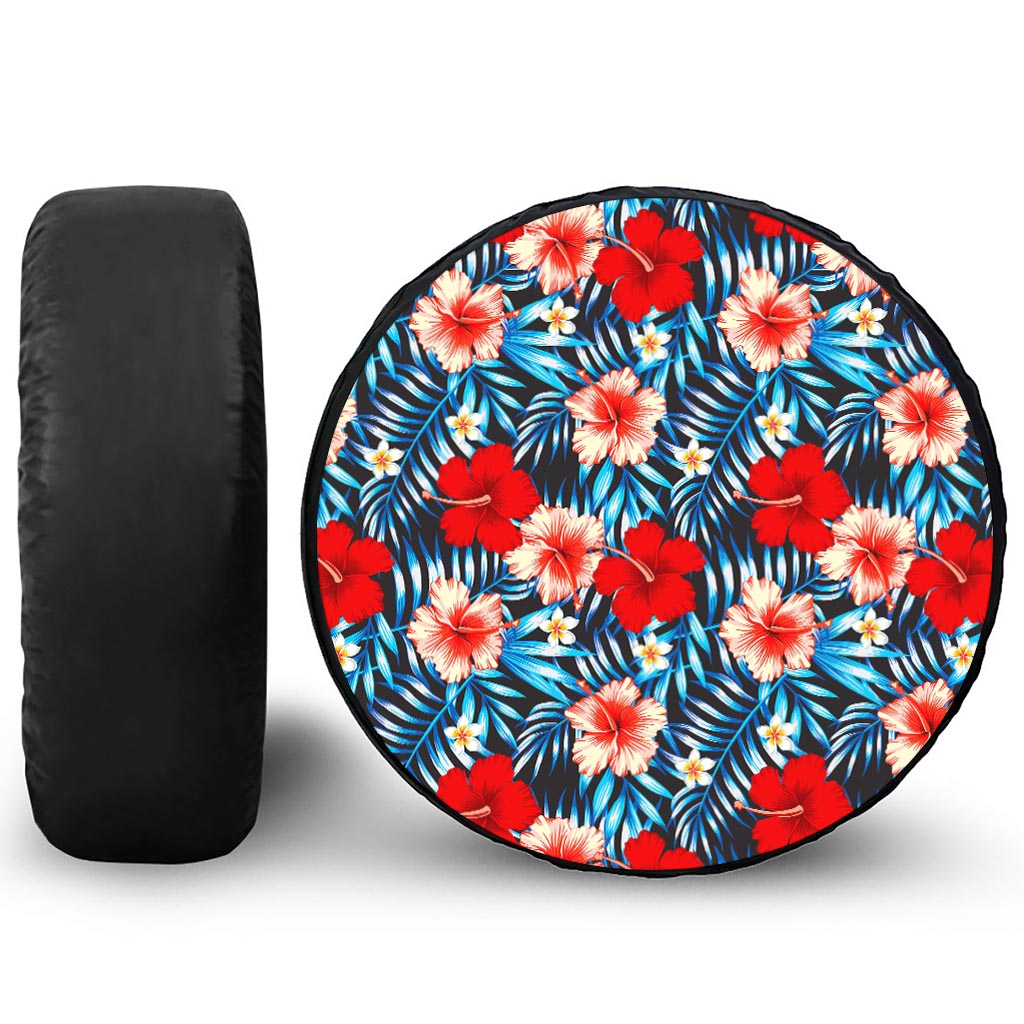 Turquoise Leaves Hibiscus Pattern Print Leather Spare Tire Cover