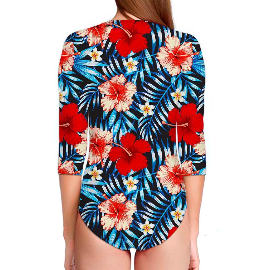 Turquoise Leaves Hibiscus Pattern Print Long Sleeve Swimsuit