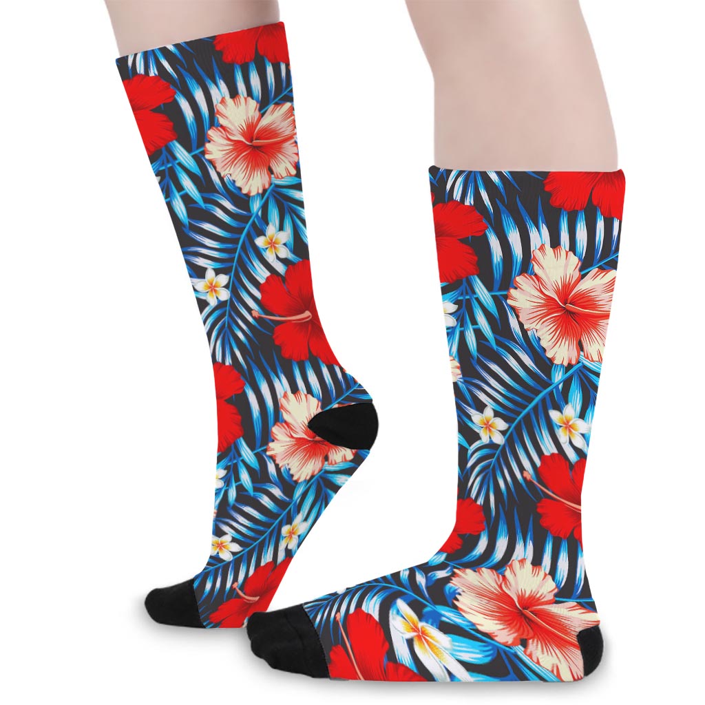 Turquoise Leaves Hibiscus Pattern Print Long Socks