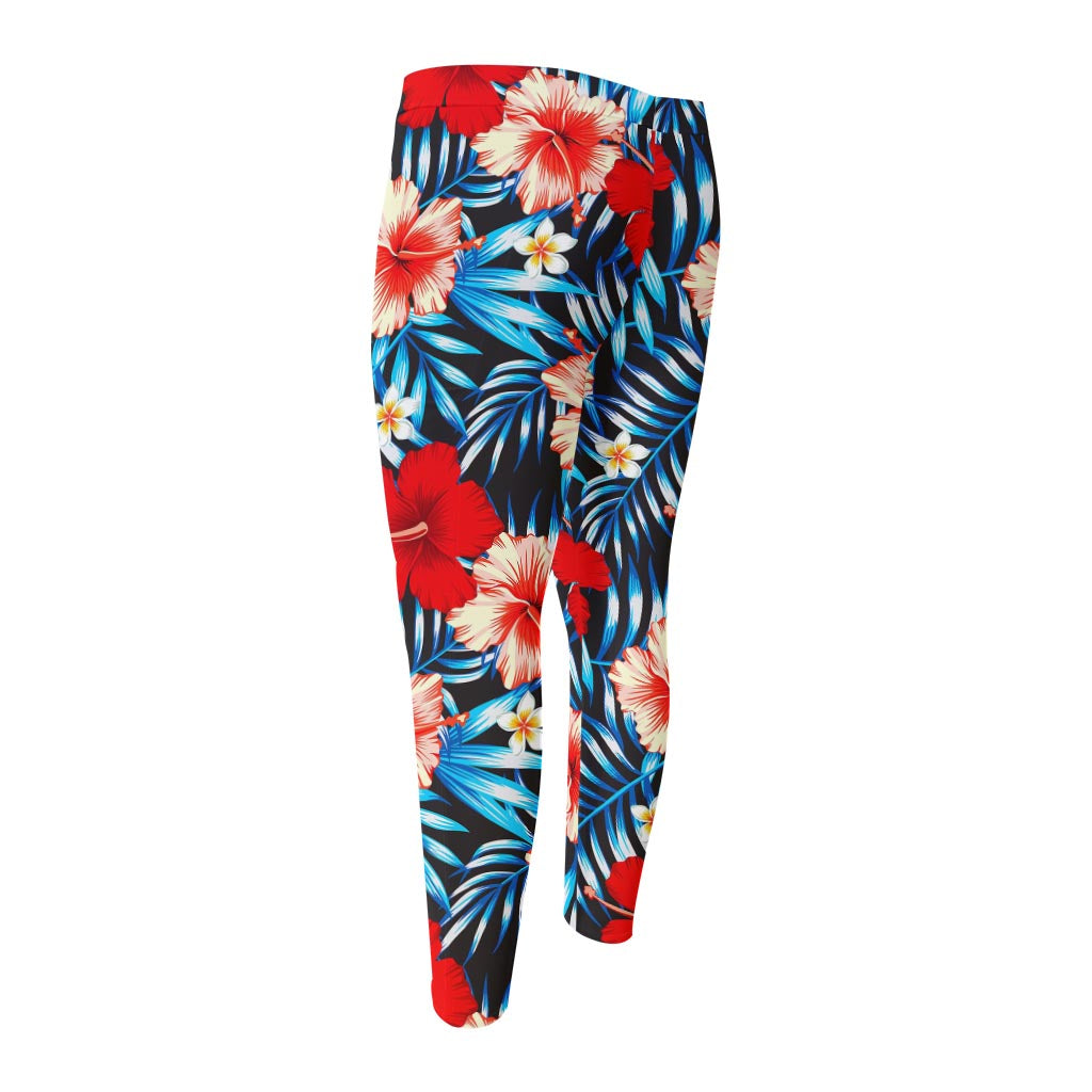Turquoise Leaves Hibiscus Pattern Print Men's Compression Pants