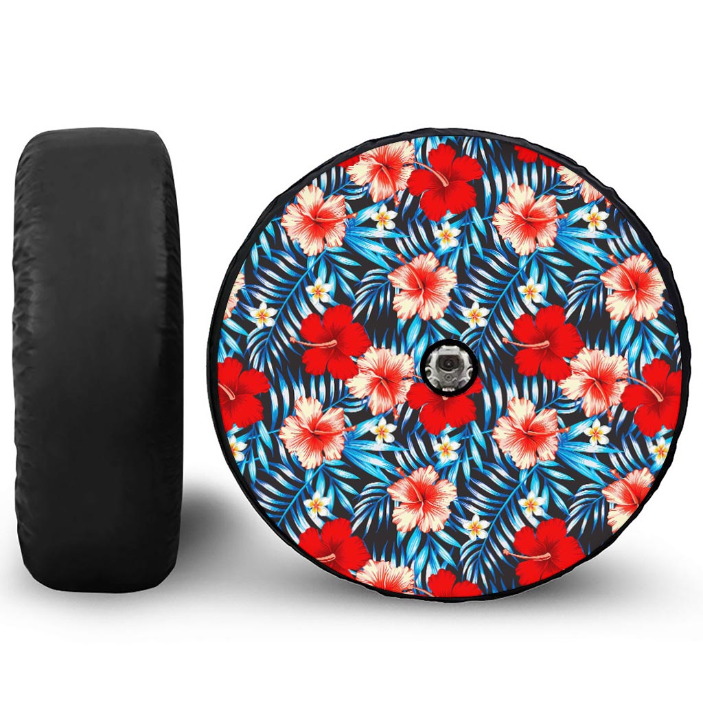 Turquoise Leaves Hibiscus Pattern Print Tire Cover With Camera Hole