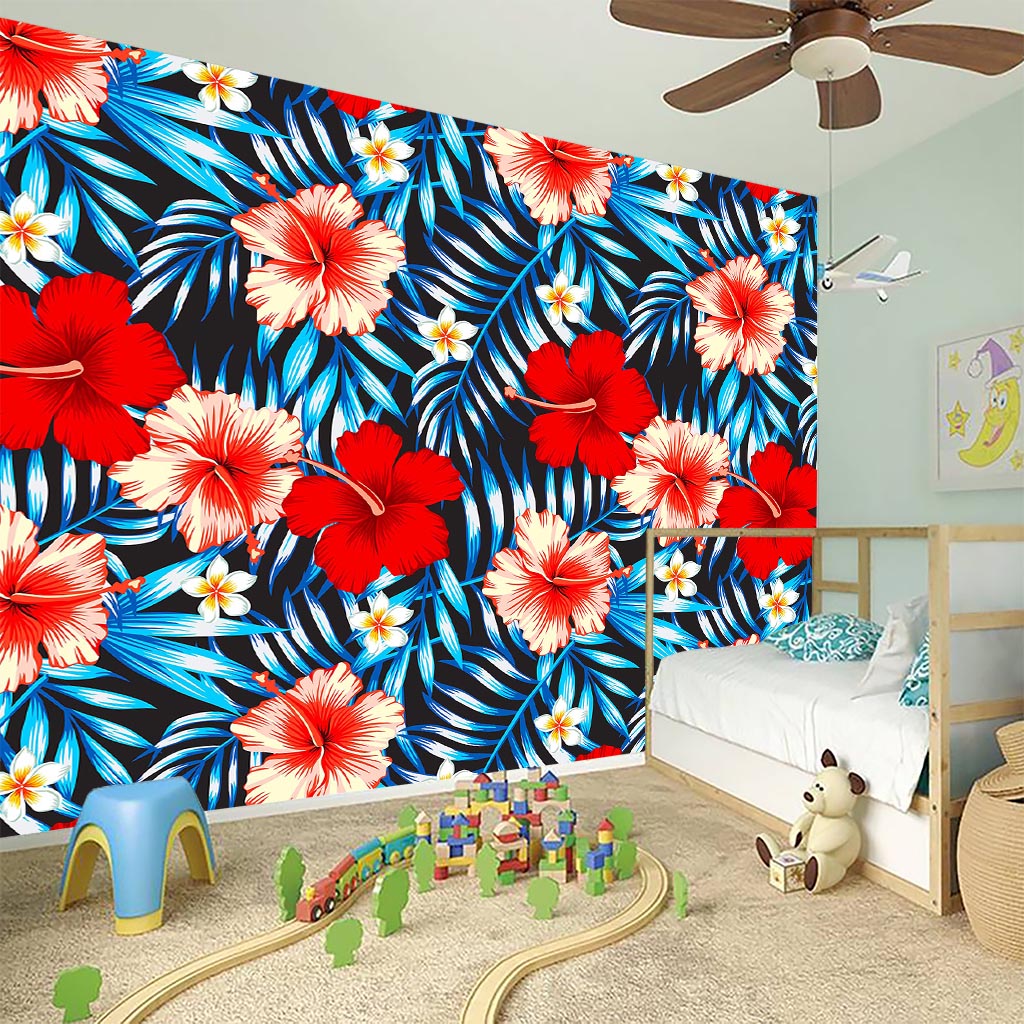 Turquoise Leaves Hibiscus Pattern Print Wall Sticker