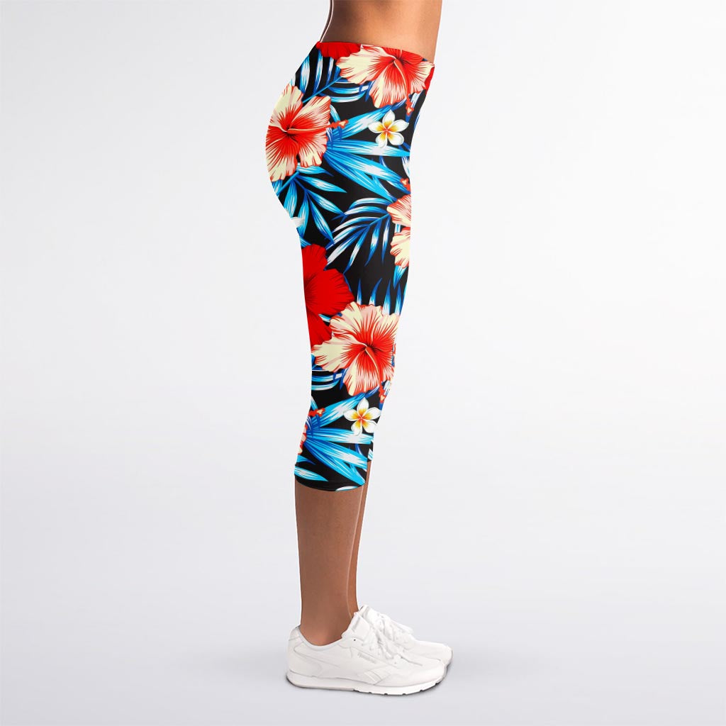 Turquoise Leaves Hibiscus Pattern Print Women's Capri Leggings
