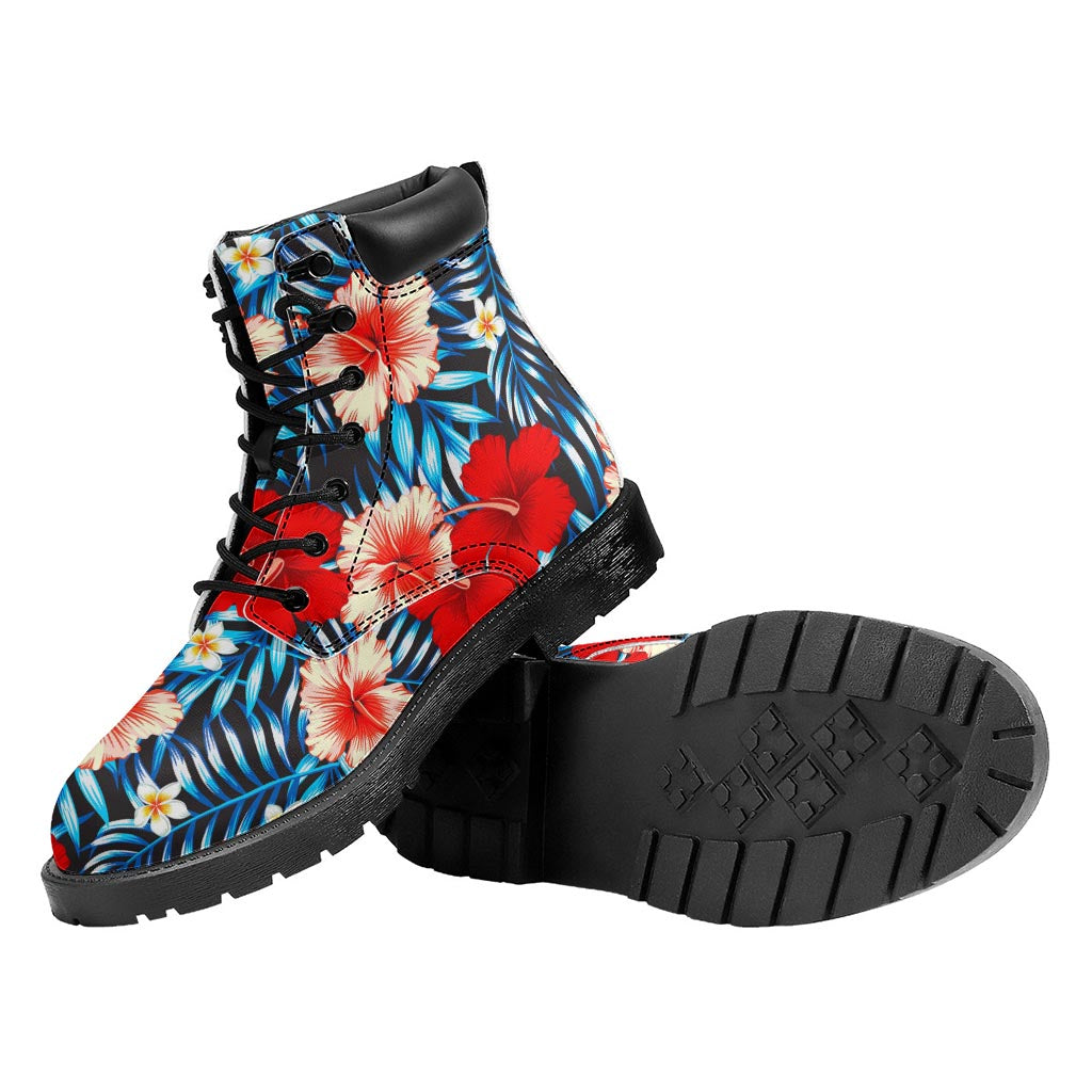 Turquoise Leaves Hibiscus Pattern Print Work Boots