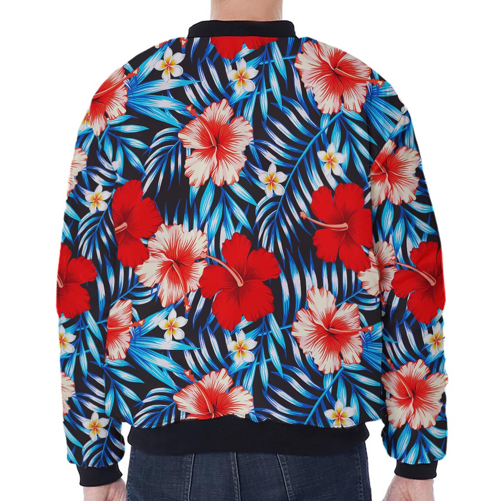 Turquoise Leaves Hibiscus Pattern Print Zip Sleeve Bomber Jacket