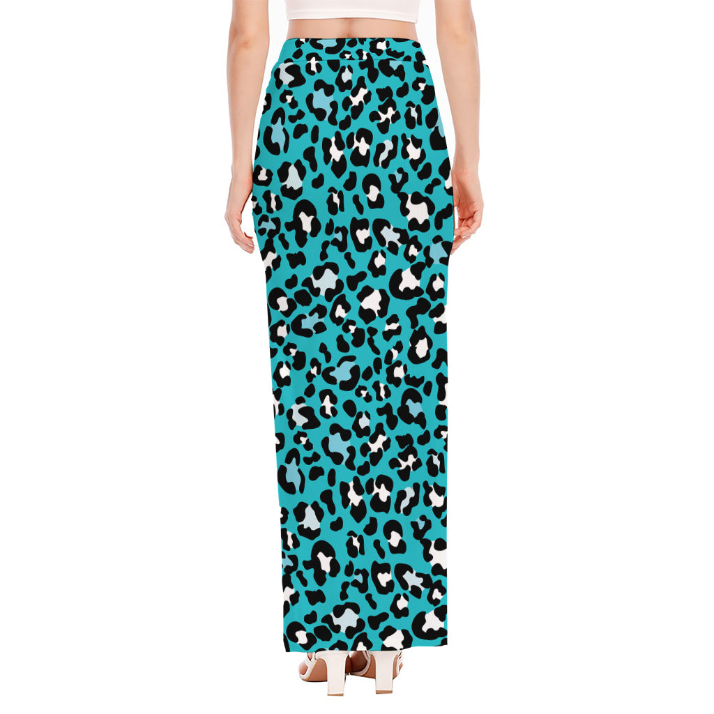 Turquoise Leopard Print High Slit Maxi Skirt