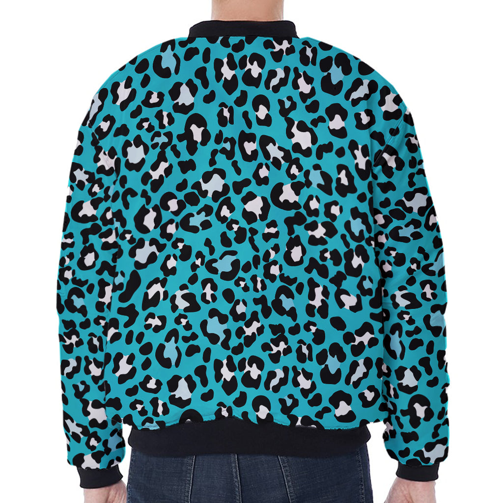 Turquoise Leopard Print Zip Sleeve Bomber Jacket