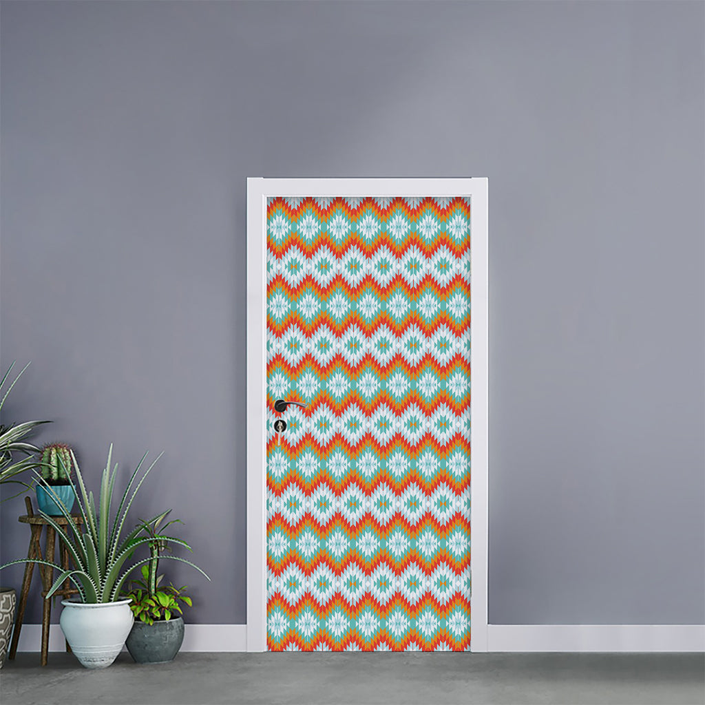 Turquoise Native American Pattern Print Door Sticker