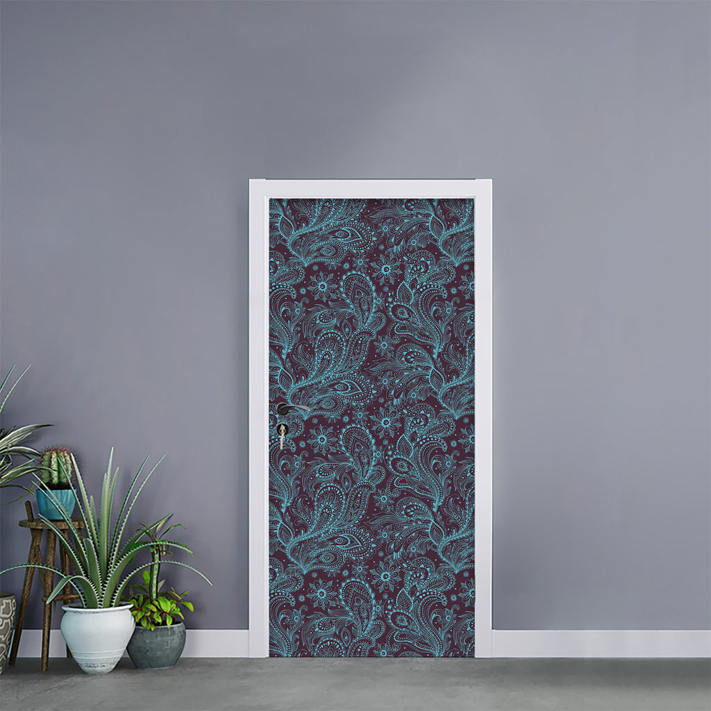 Turquoise Paisley Pattern Print Door Sticker
