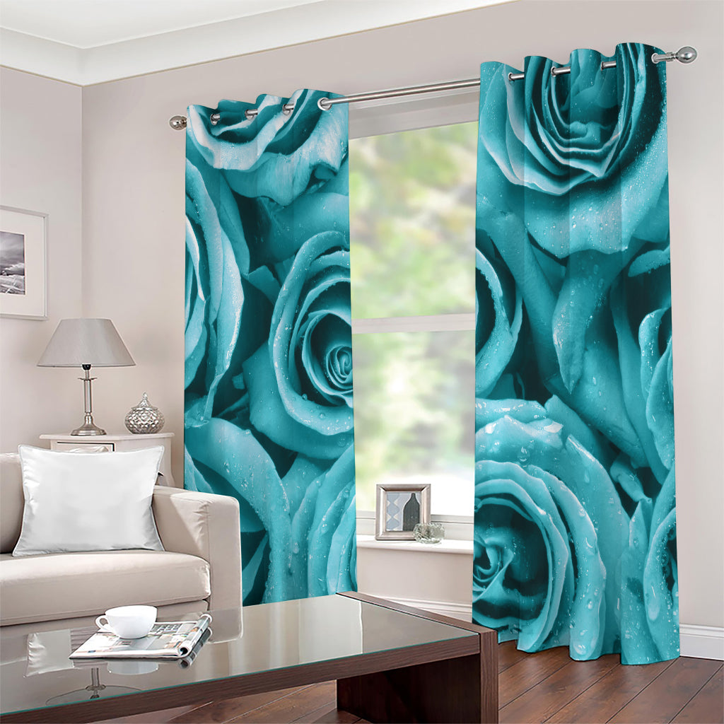 Turquoise Rose Flower Print Extra Wide Grommet Curtains