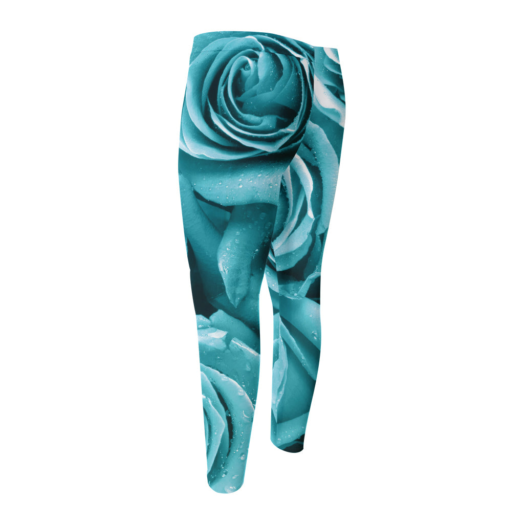 Turquoise Rose Flower Print Men's Compression Pants