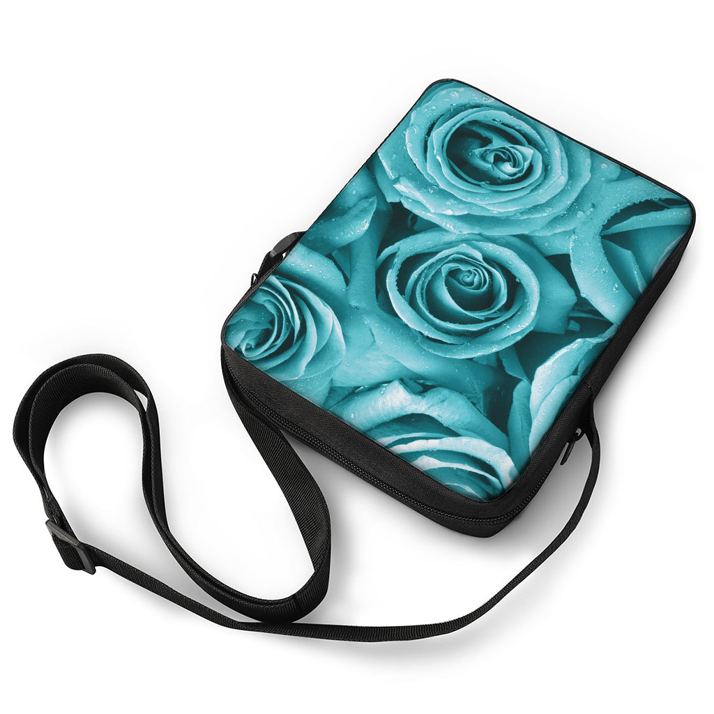 Turquoise Rose Flower Print Rectangular Crossbody Bag