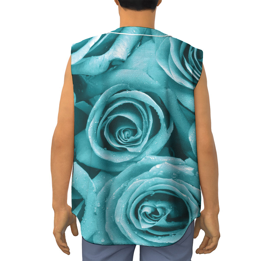 Turquoise Rose Flower Print Sleeveless Baseball Jersey