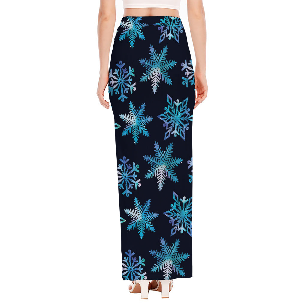 Turquoise Snowflake Pattern Print High Slit Maxi Skirt