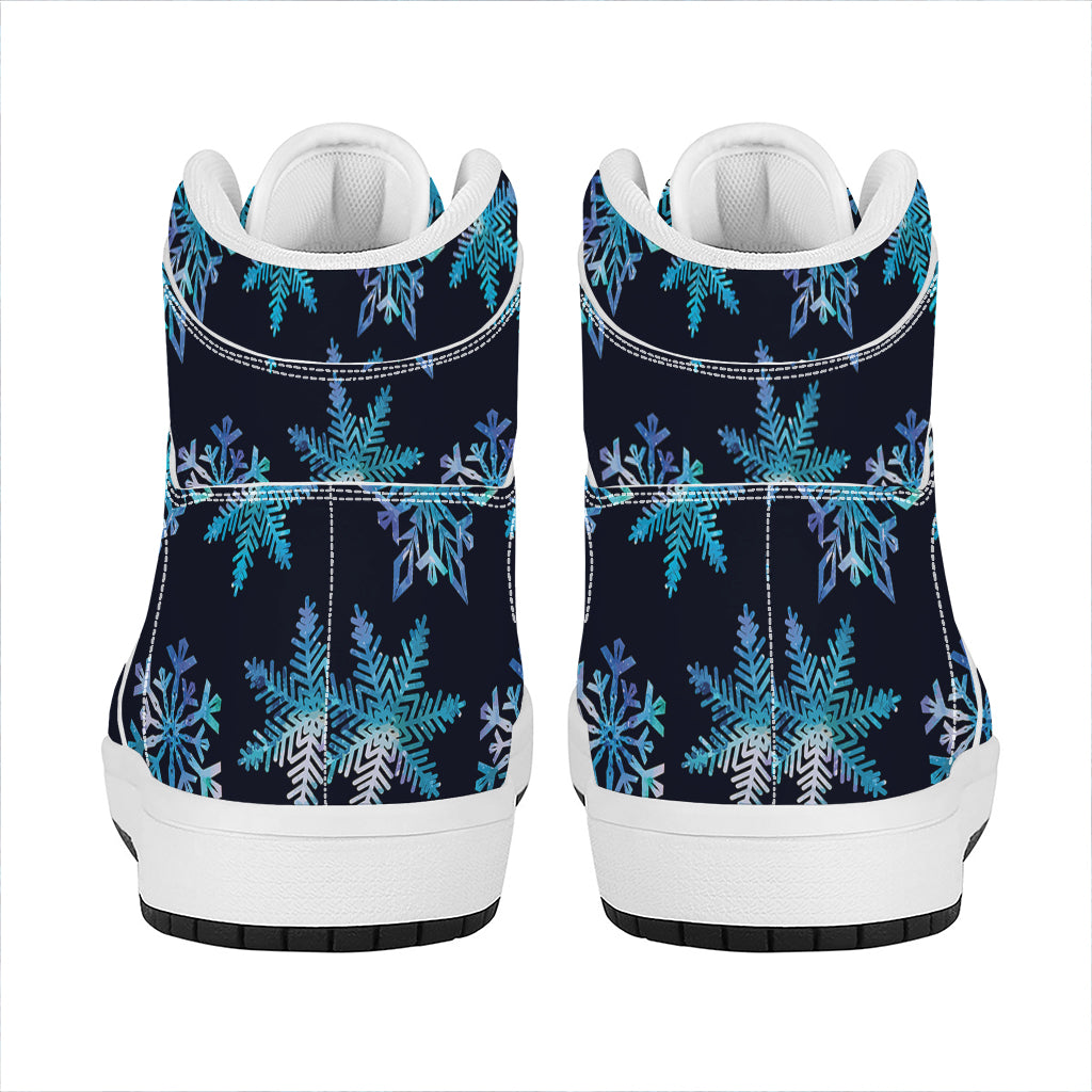 Turquoise Snowflake Pattern Print High Top Leather Sneakers