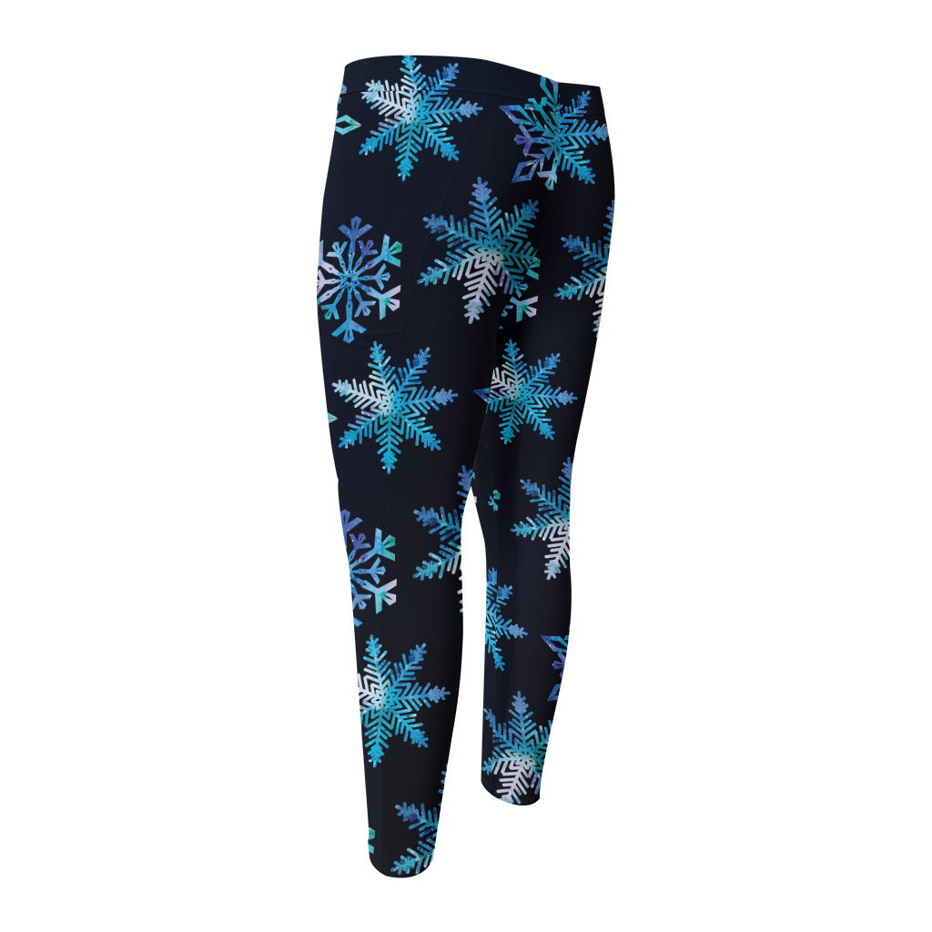 Turquoise Snowflake Pattern Print Men's Compression Pants