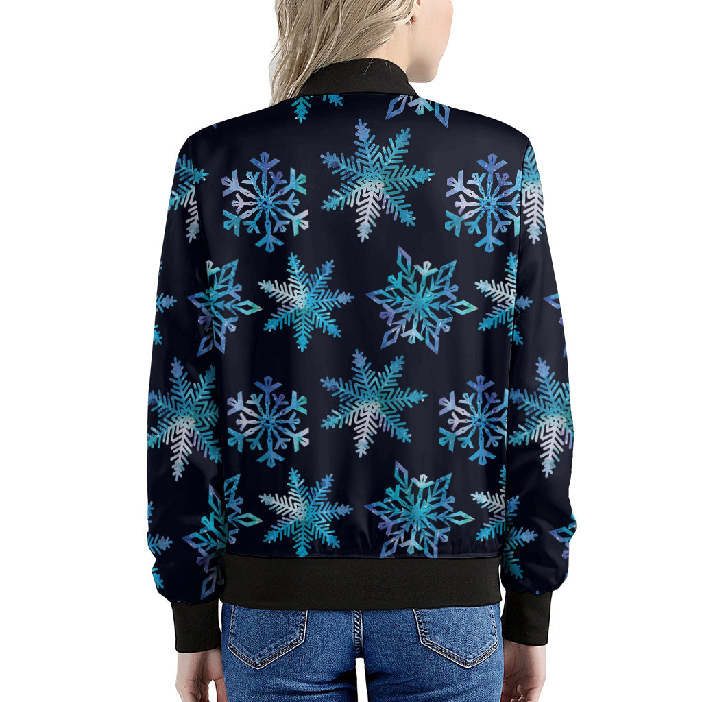 Turquoise Snowflake Pattern Print Women's Bomber Jacket