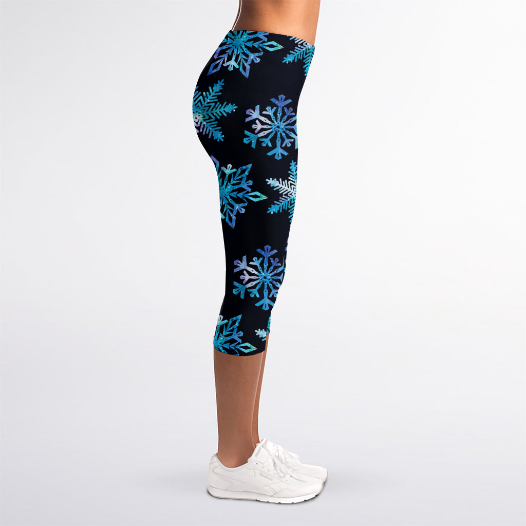 Turquoise Snowflake Pattern Print Women's Capri Leggings