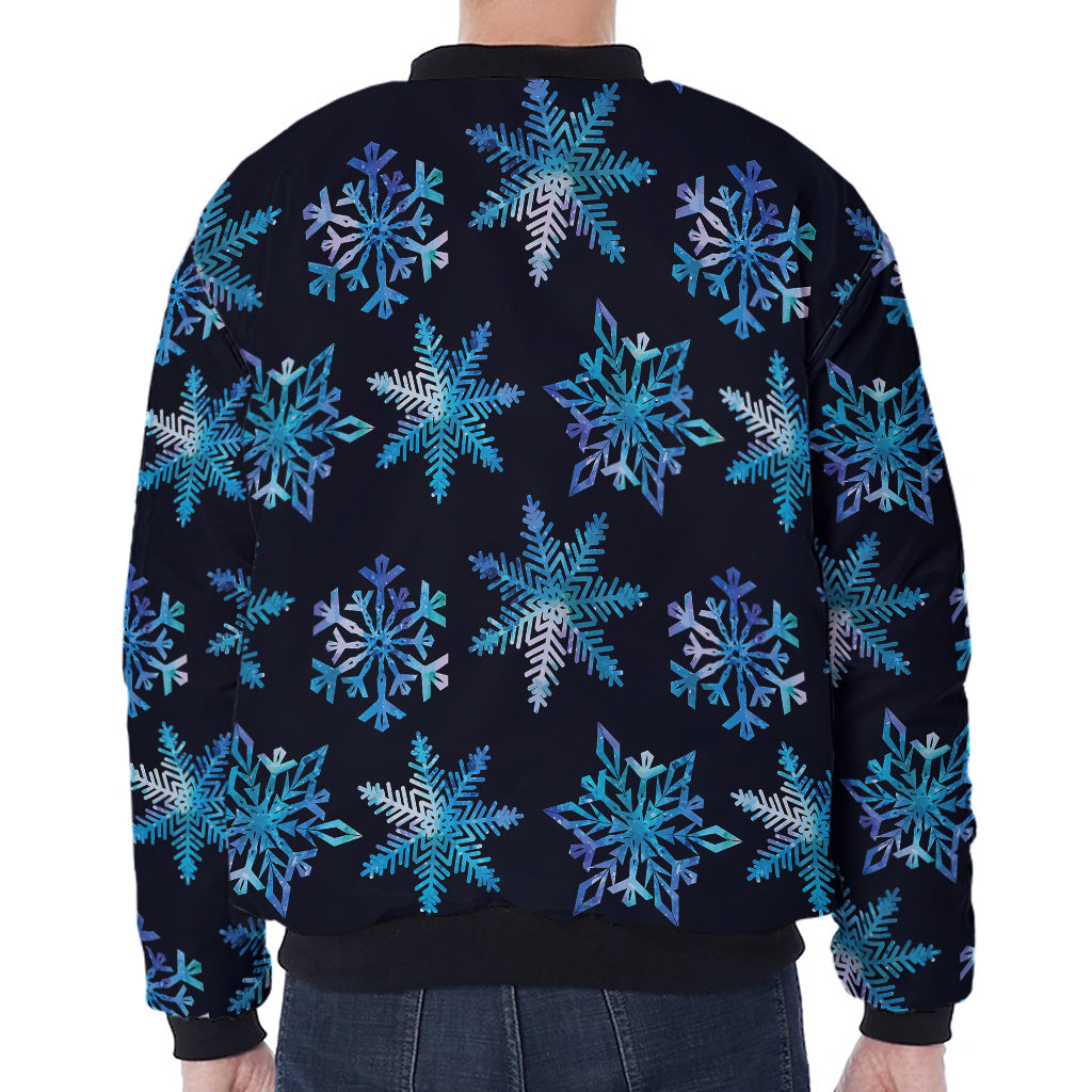 Turquoise Snowflake Pattern Print Zip Sleeve Bomber Jacket