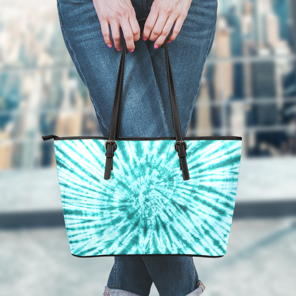 Turquoise Tie Dye Print Leather Tote Bag