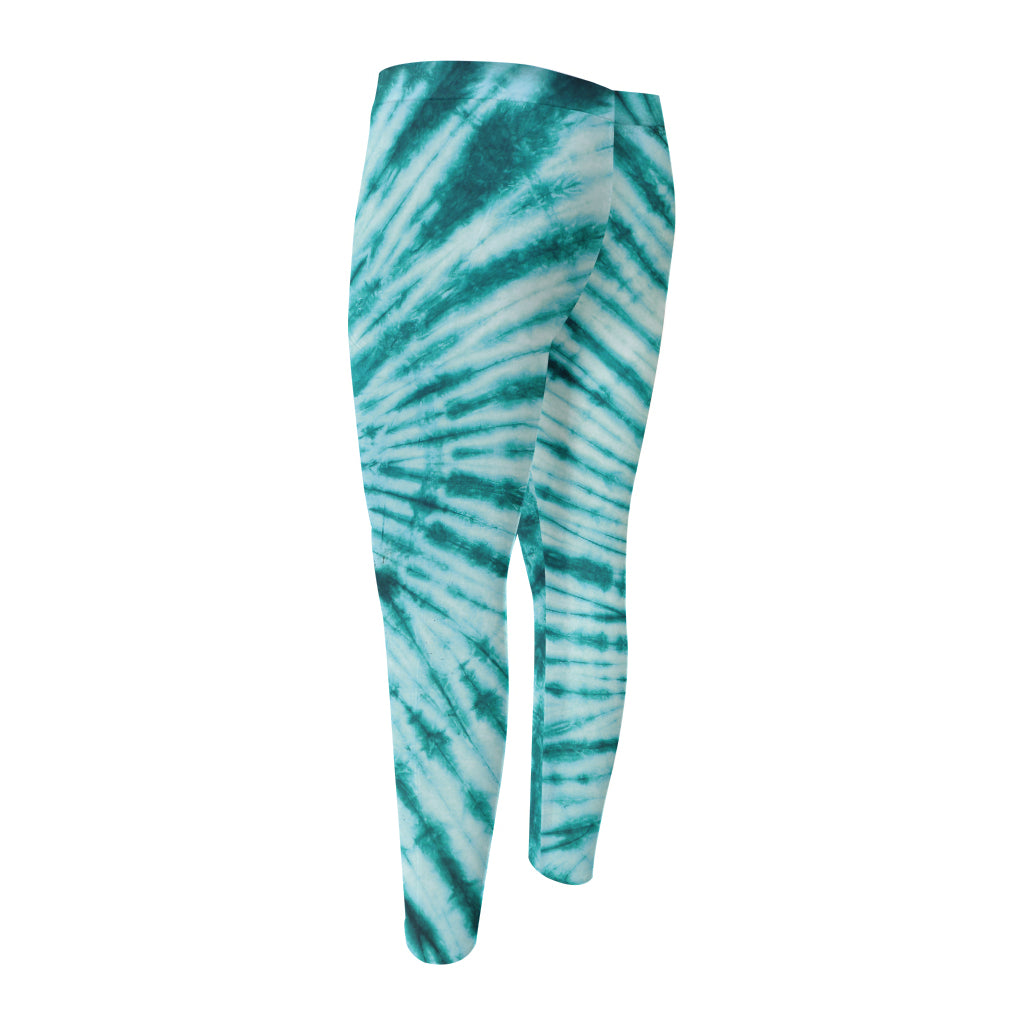 Turquoise Tie Dye Print Men's Compression Pants