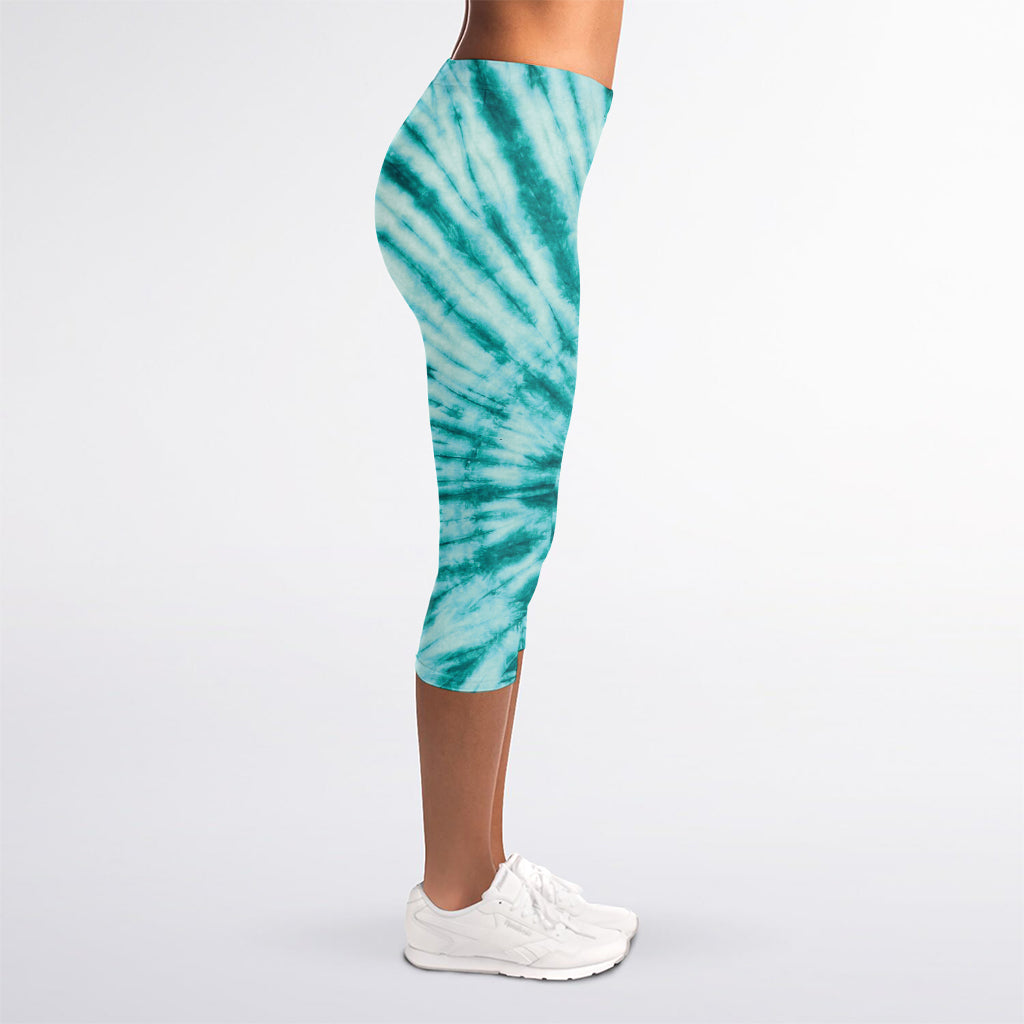 Turquoise Tie Dye Print Women's Capri Leggings