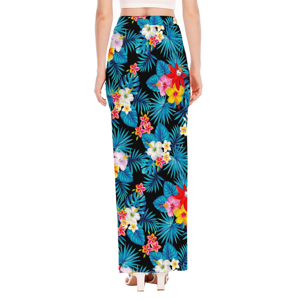 Turquoise Tropical Hawaii Pattern Print High Slit Maxi Skirt