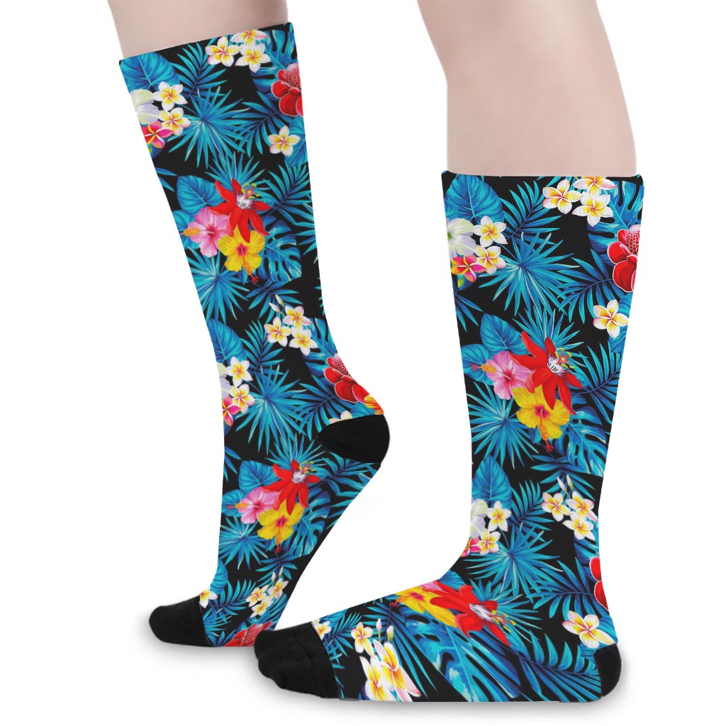Turquoise Tropical Hawaii Pattern Print Long Socks