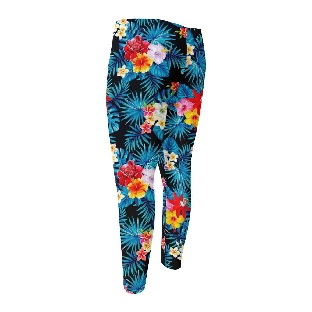 Turquoise Tropical Hawaii Pattern Print Men's Compression Pants