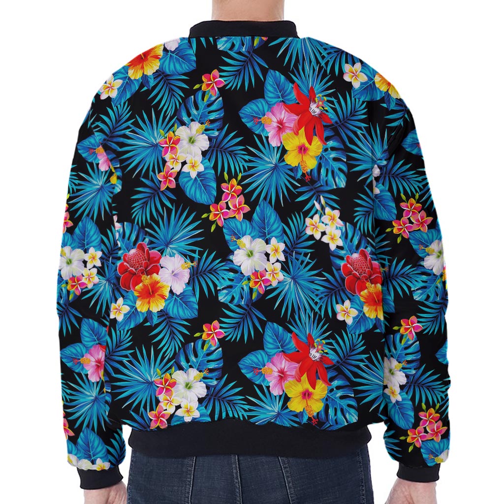 Turquoise Tropical Hawaii Pattern Print Zip Sleeve Bomber Jacket