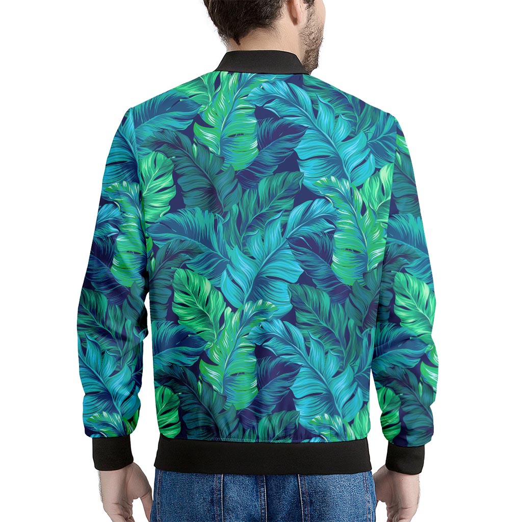 Turquoise Tropical Leaf Pattern Print Men's Bomber Jacket