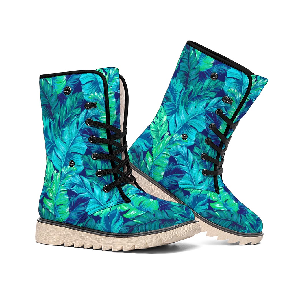 Turquoise Tropical Leaf Pattern Print Winter Boots