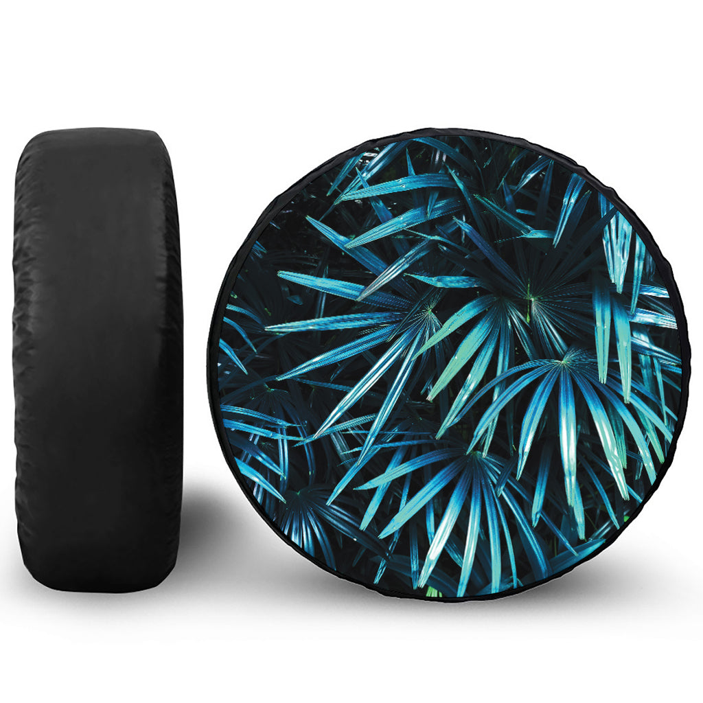 Turquoise Tropical Leaves Print Leather Spare Tire Cover