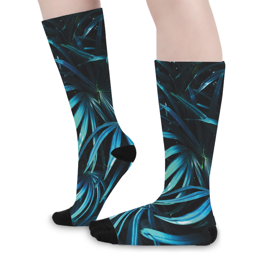 Turquoise Tropical Leaves Print Long Socks