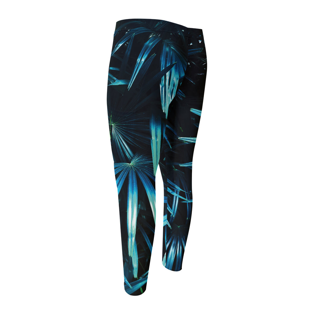 Turquoise Tropical Leaves Print Men's Compression Pants